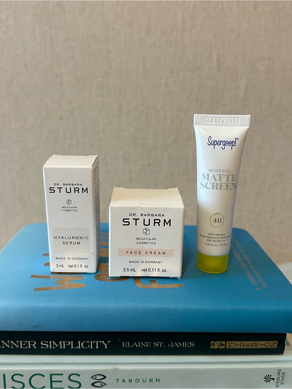 Dr. Barbara Sturm Serum and Face Cream with Superhoop Mineral Matte SPF 40.